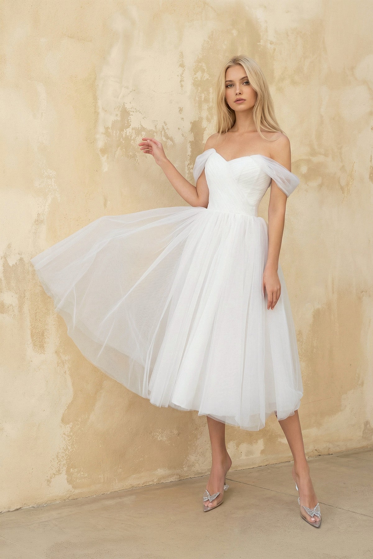 Robe de mariée blanche trapèze en dentelle à épaules dénudées à corset - Harana