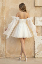 Robe de mariée blanche trapèze en dentelle à épaules dénudées manches longues - Harana