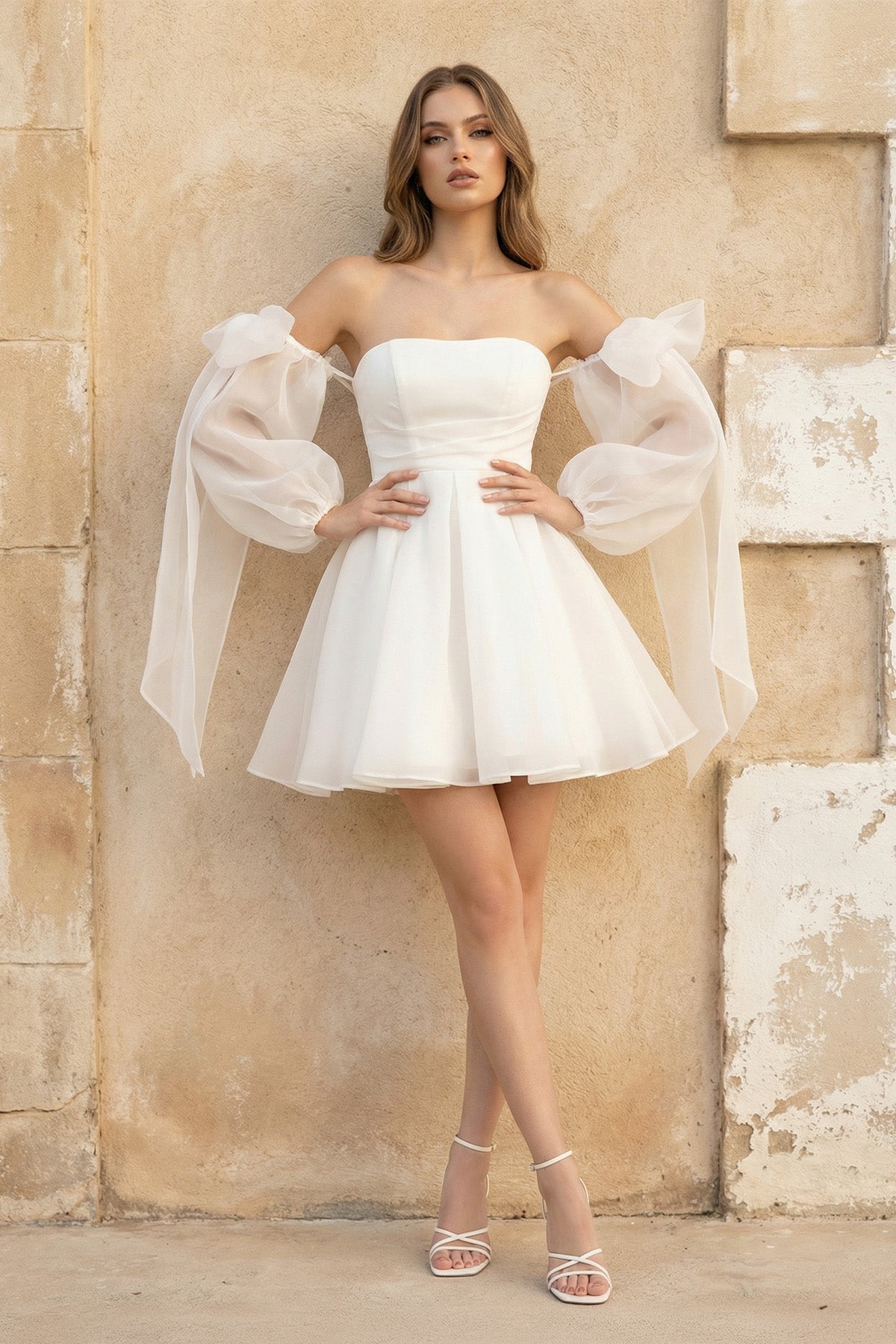 Robe de mariée blanche trapèze en dentelle à épaules dénudées manches longues - Harana