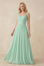 Robe demoiselle d’honneur pale pistachio longue sans manches plissée en mousseline - Harana