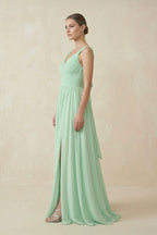 Robe demoiselle d’honneur pale pistachio longue col V sans manches avec fente - Harana