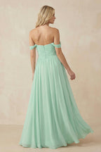 Robe demoiselle d’honneur pale pistachio longue sans manches plissée en mousseline - Harana