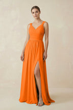 Robe longue orange en mousseline coupe trapèze plissée - Harana
