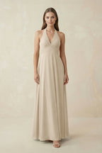 Robe demoiselle d’honneur champagne longue col V dos nu sans manches - Harana