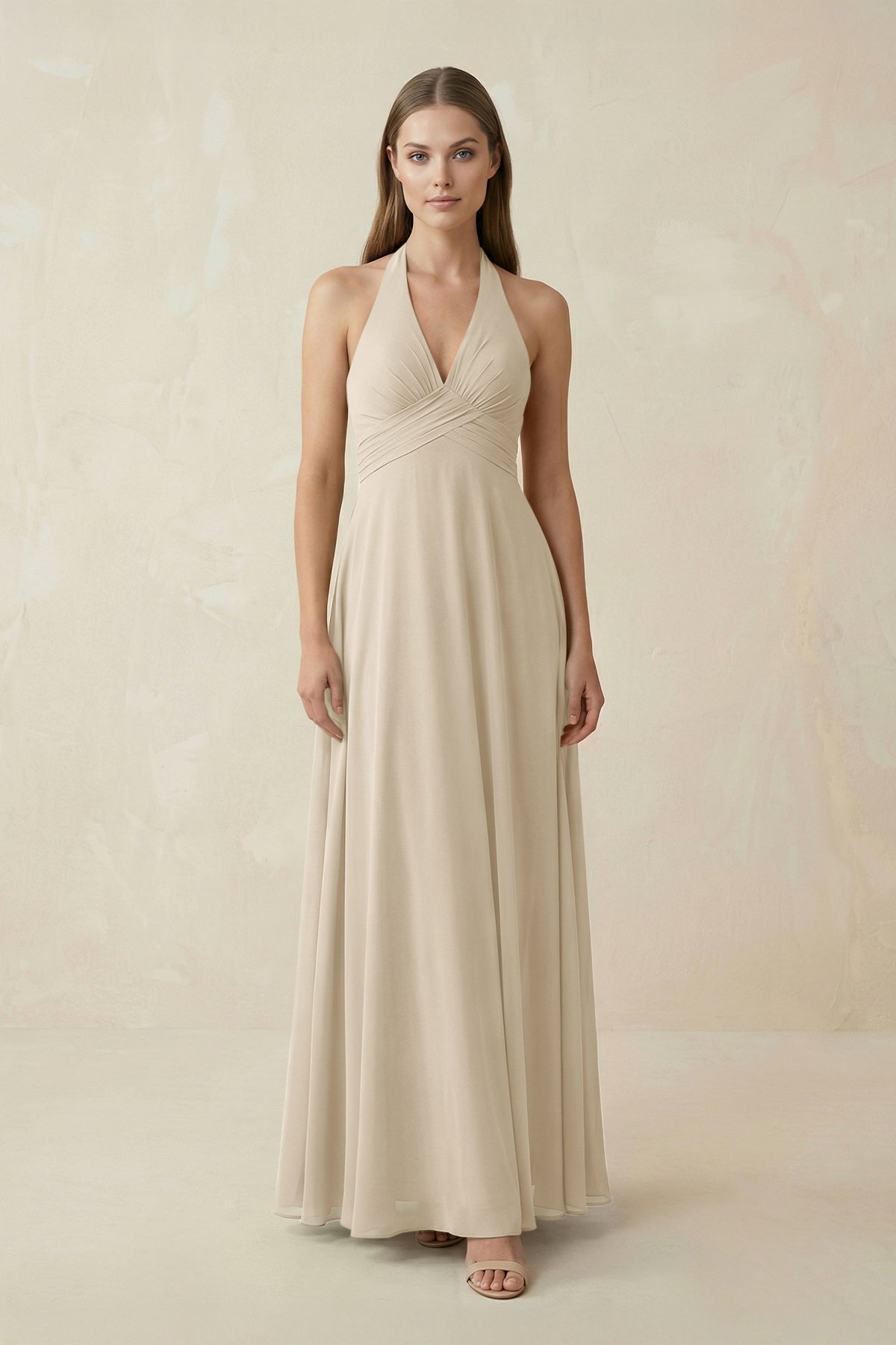 Robe demoiselle d’honneur champagne longue col V dos nu sans manches - Harana