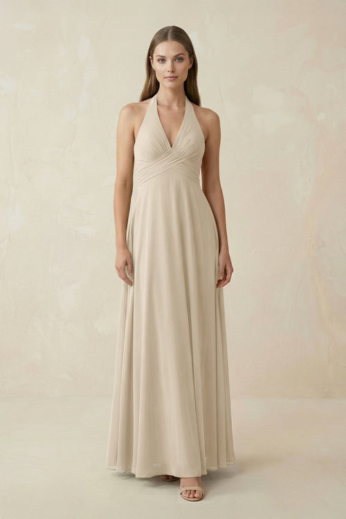 Robe de demoiselle d’honneur champagne longue en mousseline coupe trapèze à col V plissée - Harana