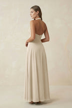Robe demoiselle d’honneur champagne longue col V dos nu sans manches - Harana