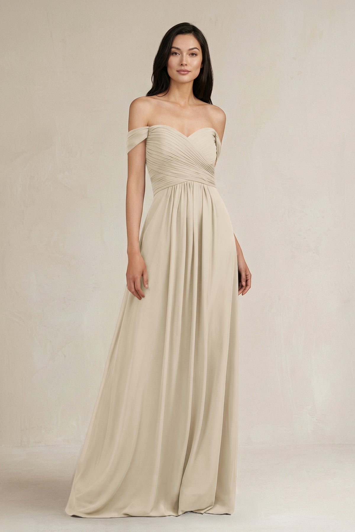 Robe demoiselle d’honneur champagne longue à épaules dénudées manches courtes plissée - Harana