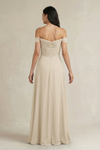 Robe demoiselle d’honneur champagne longue à épaules dénudées manches courtes plissée - Harana