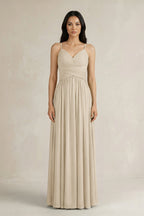 Robe demoiselle d’honneur champagne longue à fines bretelles sans manches plissée - Harana