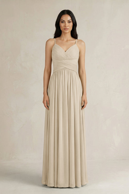 Robe de demoiselle d’honneur champagne longue en mousseline coupe trapèze à fines bretelles plissée - Harana