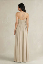 Robe demoiselle d’honneur champagne longue à fines bretelles sans manches plissée - Harana