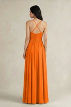 Robe longue orange en mousseline coupe trapèze plissée à fines bretelles - Harana