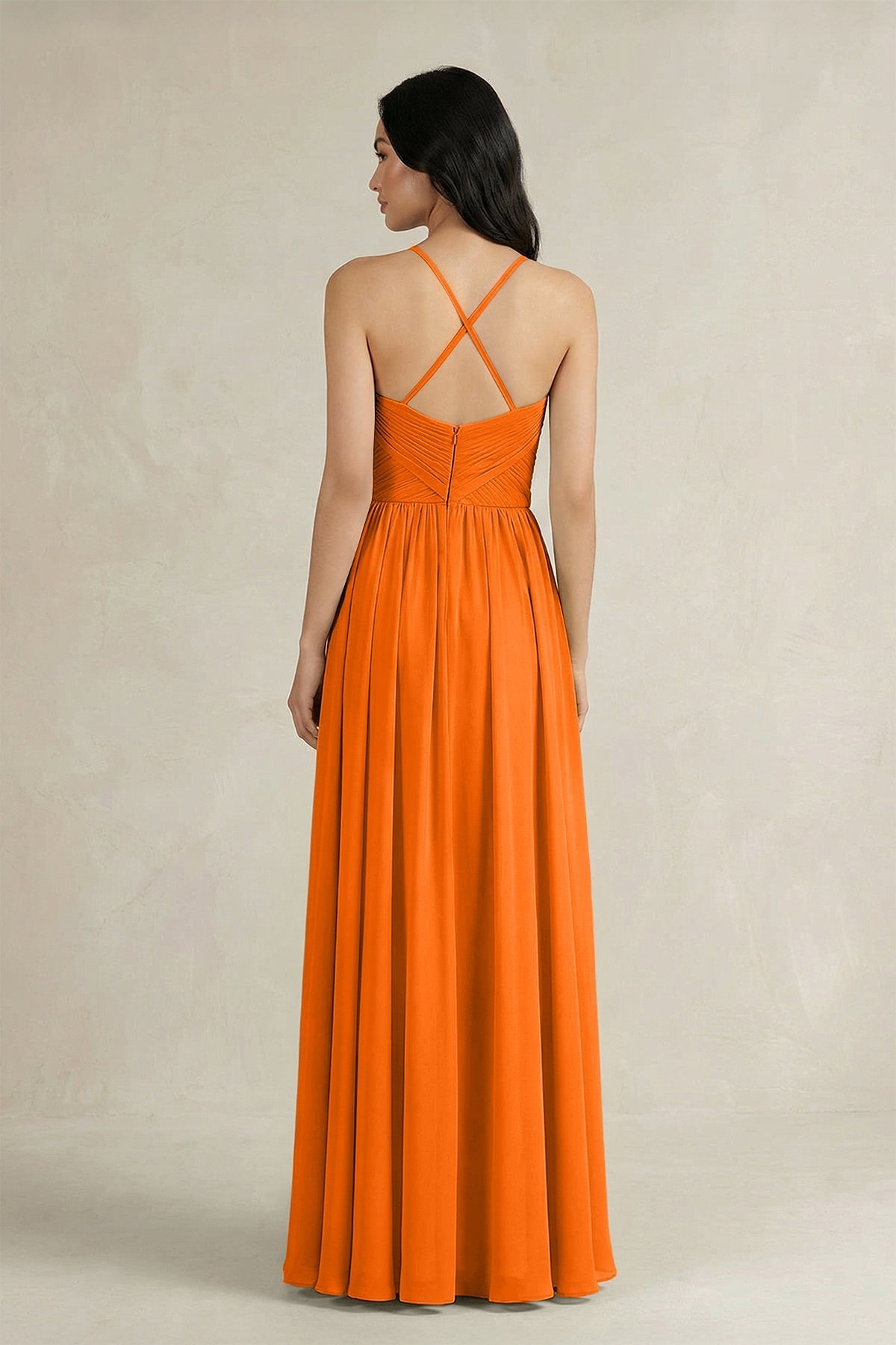Robe longue orange en mousseline coupe trapèze plissée à fines bretelles - Harana