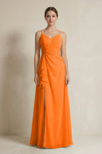 Robe longue orange en mousseline coupe trapèze à volants à fines bretelles - Harana