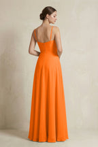 Robe longue orange en mousseline coupe trapèze à volants à fines bretelles - Harana