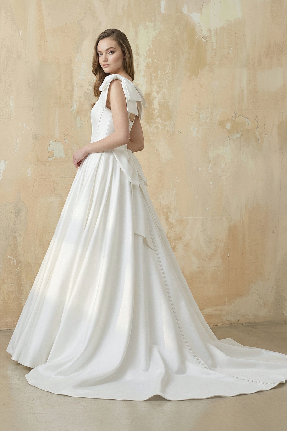 Robe de mariée blanc longue sans manches avec nœud à dentelle - Harana
