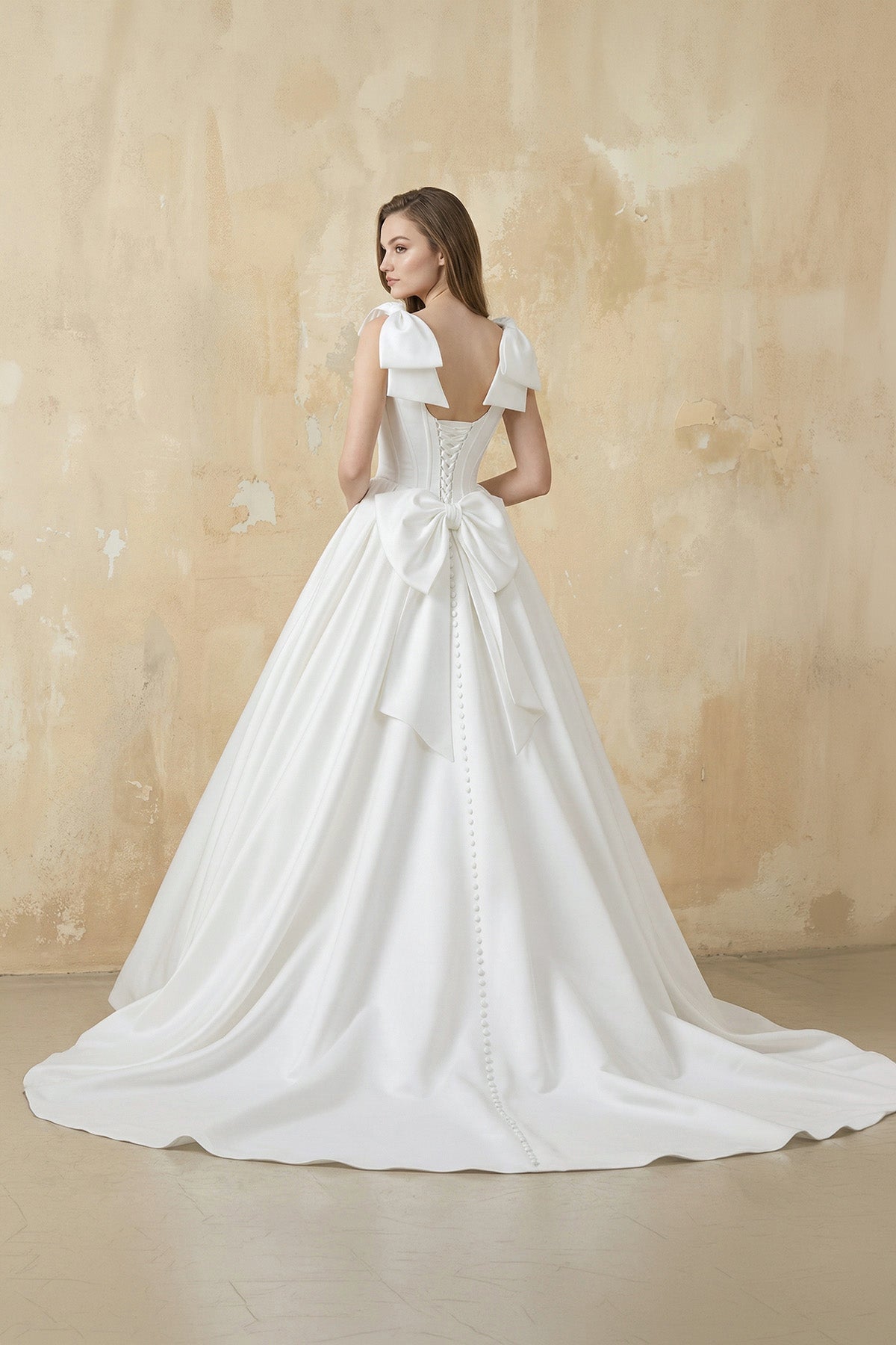 Robe de mariée blanc longue sans manches avec nœud à dentelle - Harana