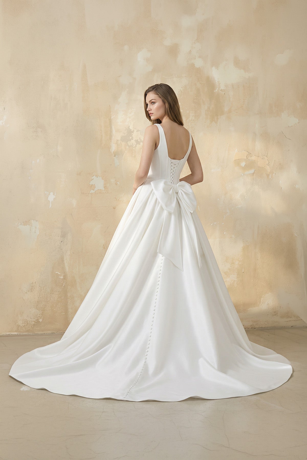 Robe de mariée blanc longue sans manches avec nœud à dentelle - Harana