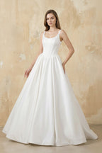 Robe de mariée blanc longue sans manches avec nœud à dentelle - Harana