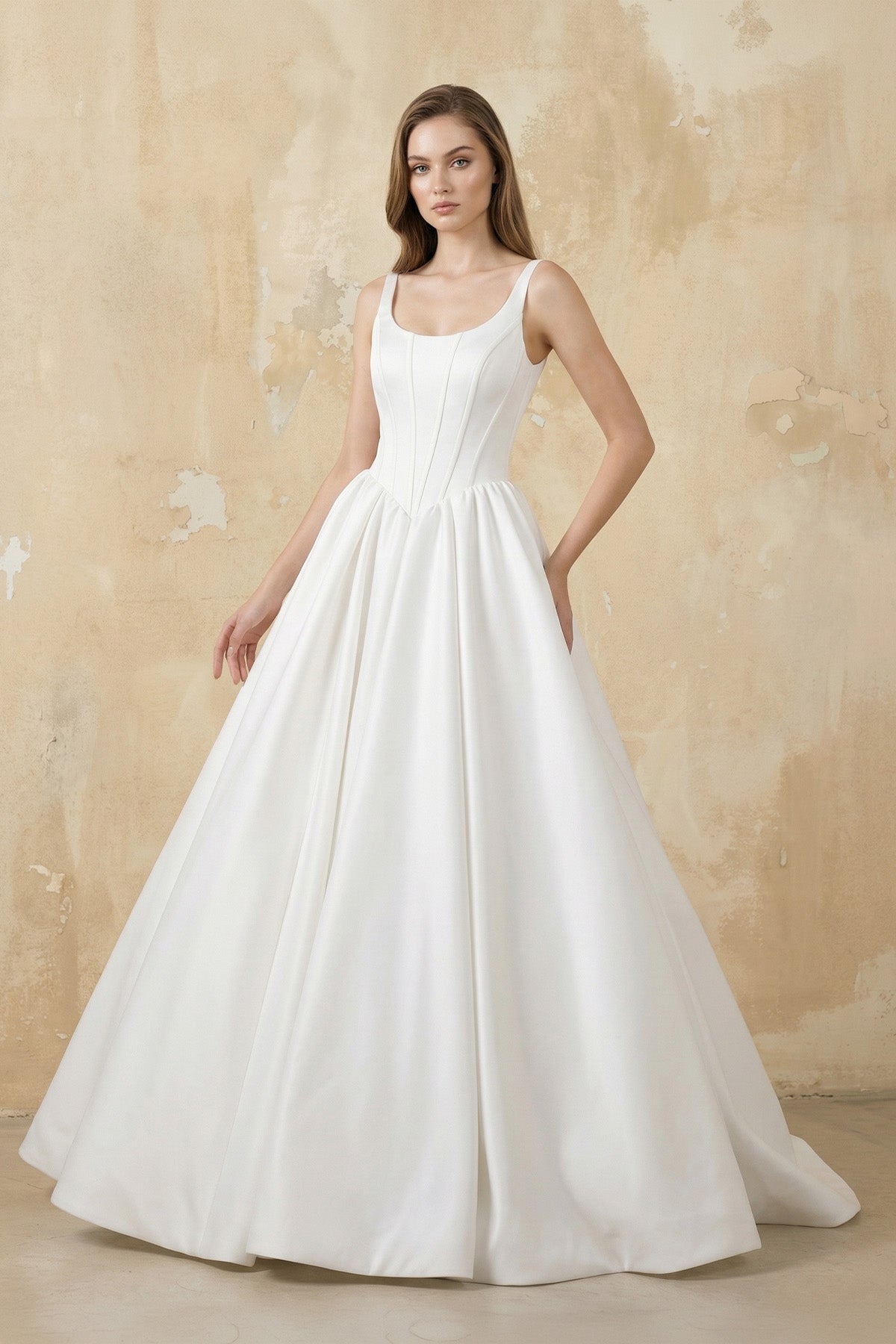 Robe de mariée blanc longue sans manches avec nœud à dentelle - Harana