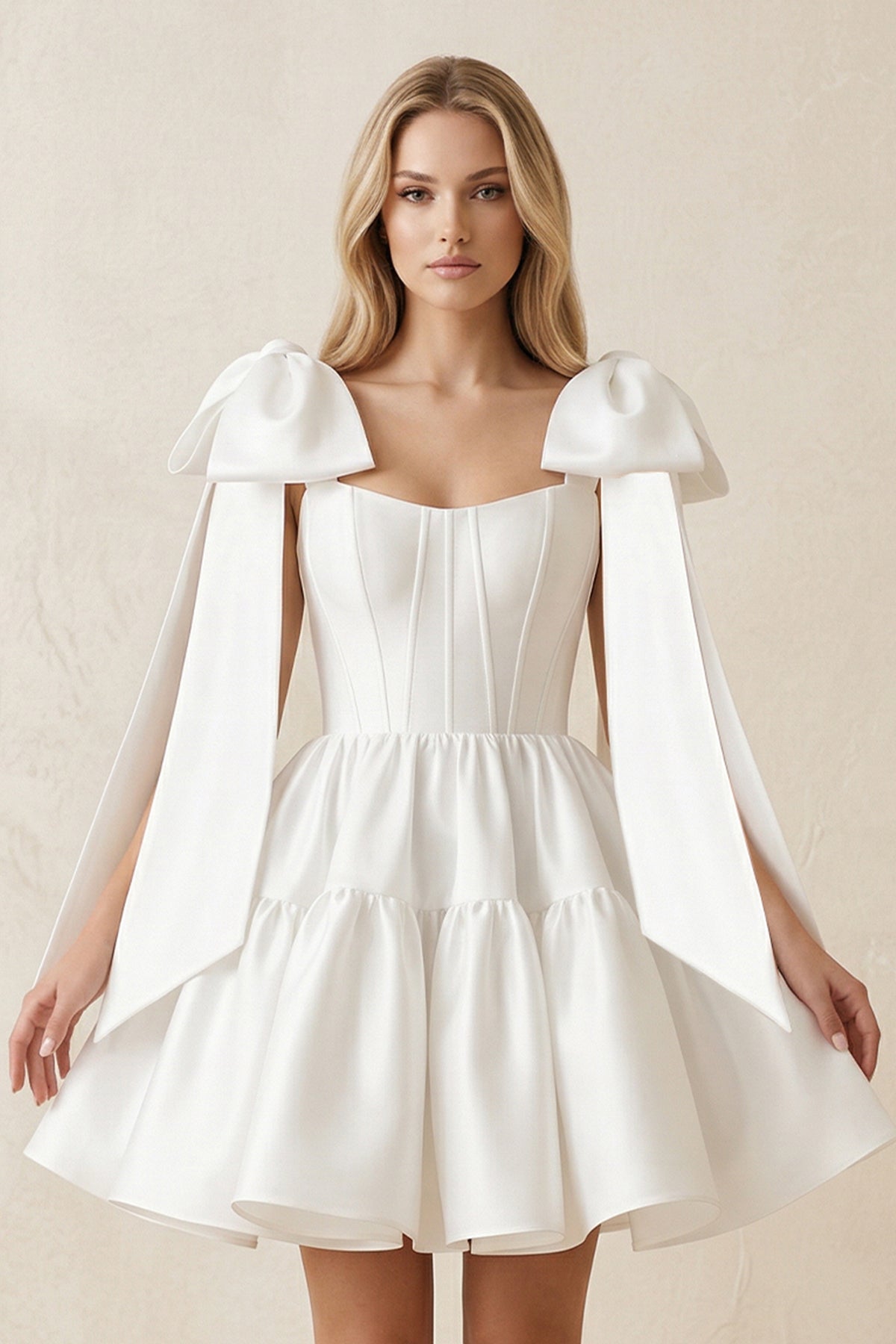 Robe de mariée courte blanc satinée sans manches à corset - Harana