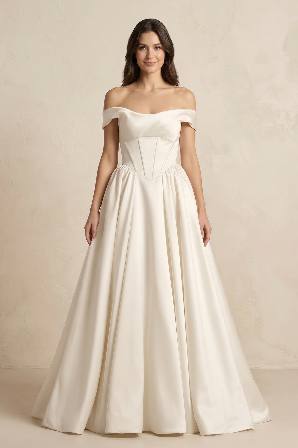 Robe de mariée ivoire courte à épaules dénudées à corset satinée - Harana