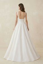 Robe de mariée blanche trapèze en satin sans manches col carré - Harana