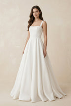 Robe de mariée blanche trapèze en satin sans manches col carré - Harana