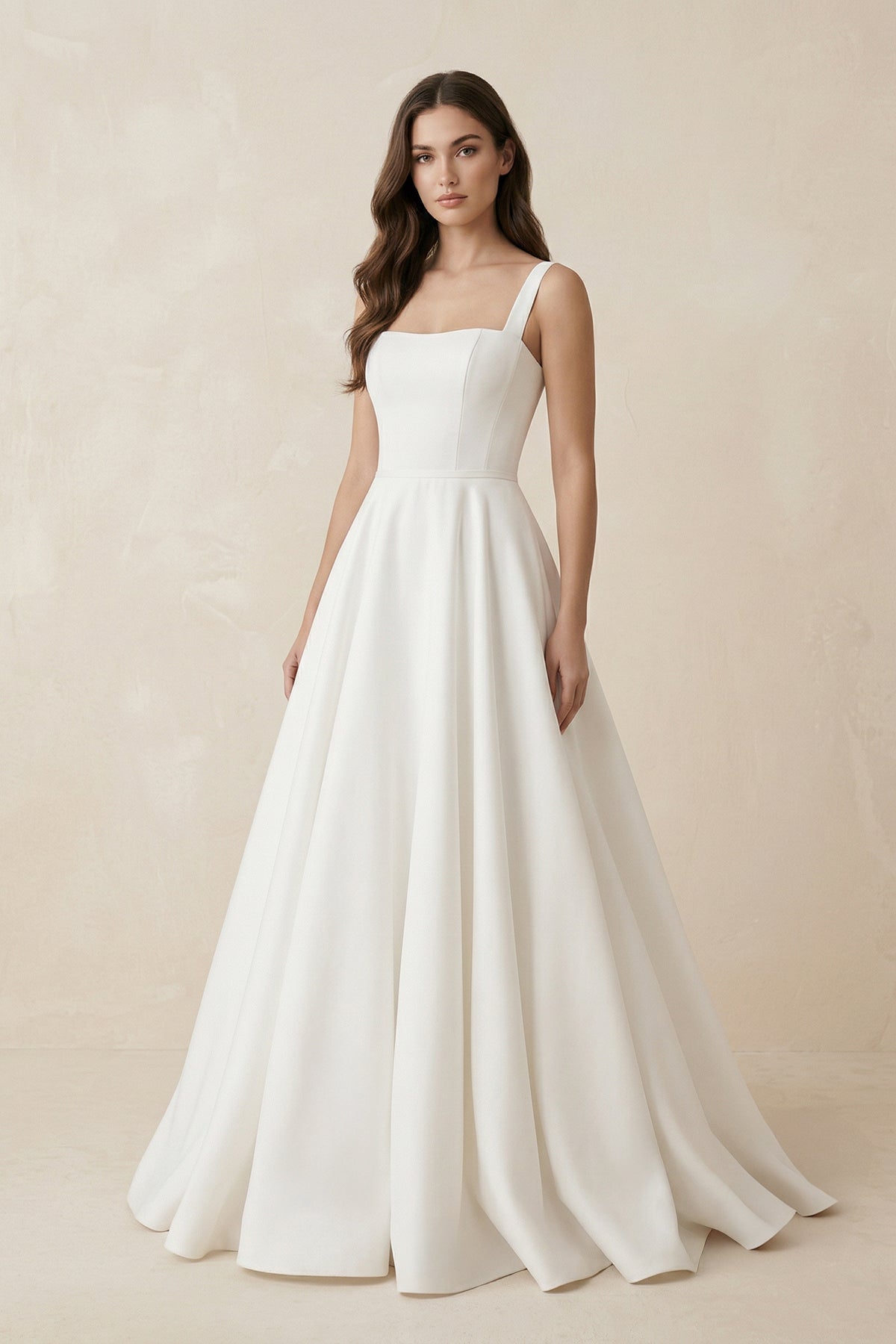 Robe de mariée blanche trapèze en satin sans manches col carré - Harana