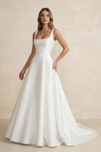 Robe de mariée ivoire trapèze en satin sans manches col carré - Harana