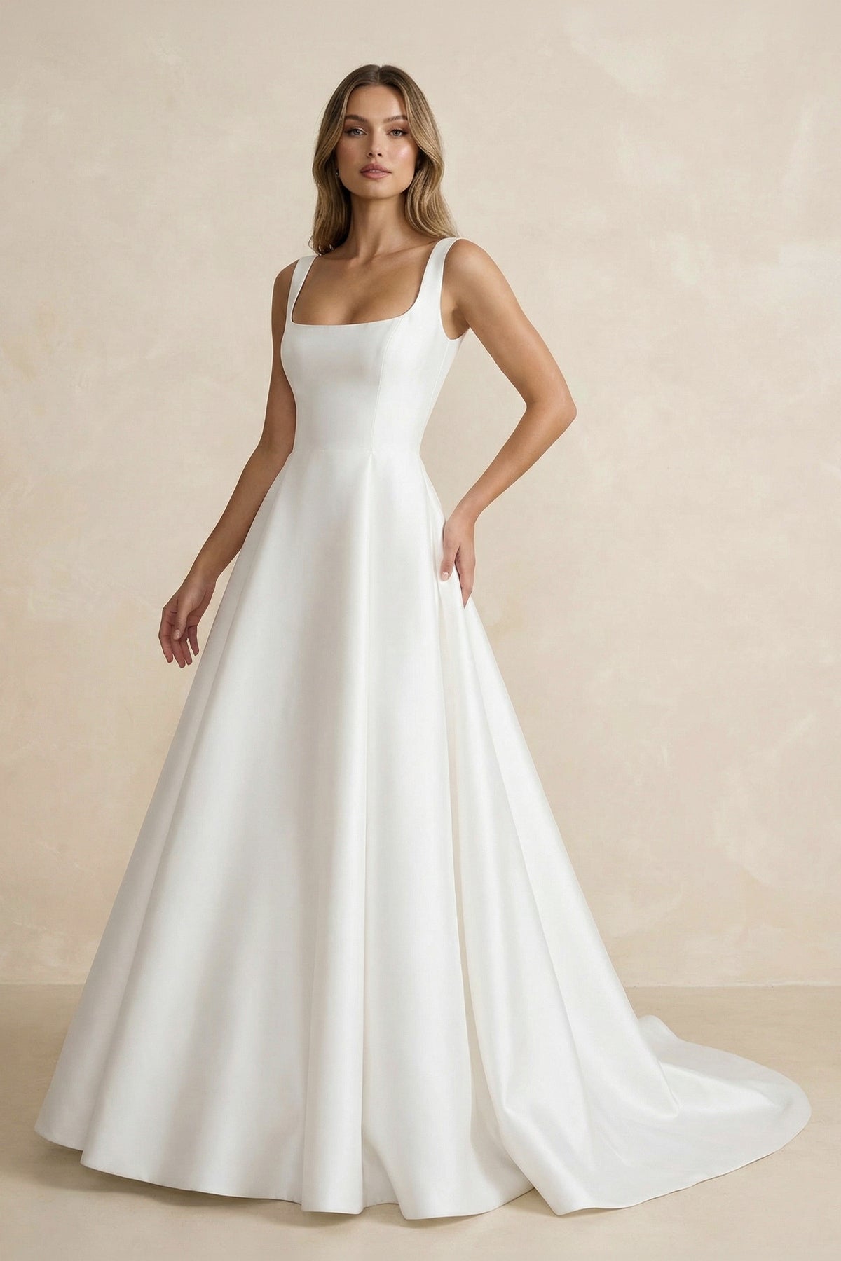 Robe de mariée ivoire trapèze en satin sans manches col carré - Harana