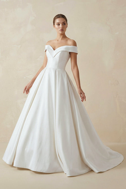 Robe de mariée blanc longue à épaules dénudées satinée coupe trapèze - Harana