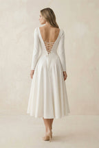 Robe de mariée blanche trapèze en satin à col V manches longues - Harana