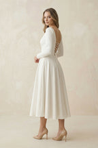 Robe de mariée blanche trapèze en satin à col V manches longues - Harana
