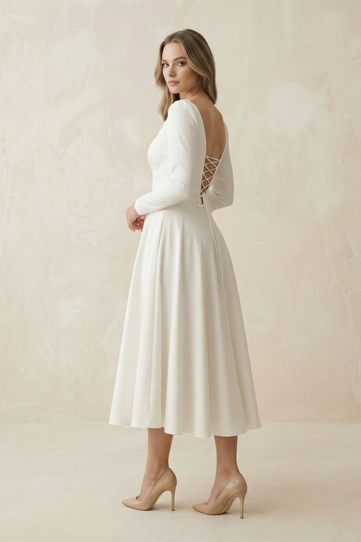Robe de mariée blanche trapèze en satin à col V manches longues - Harana