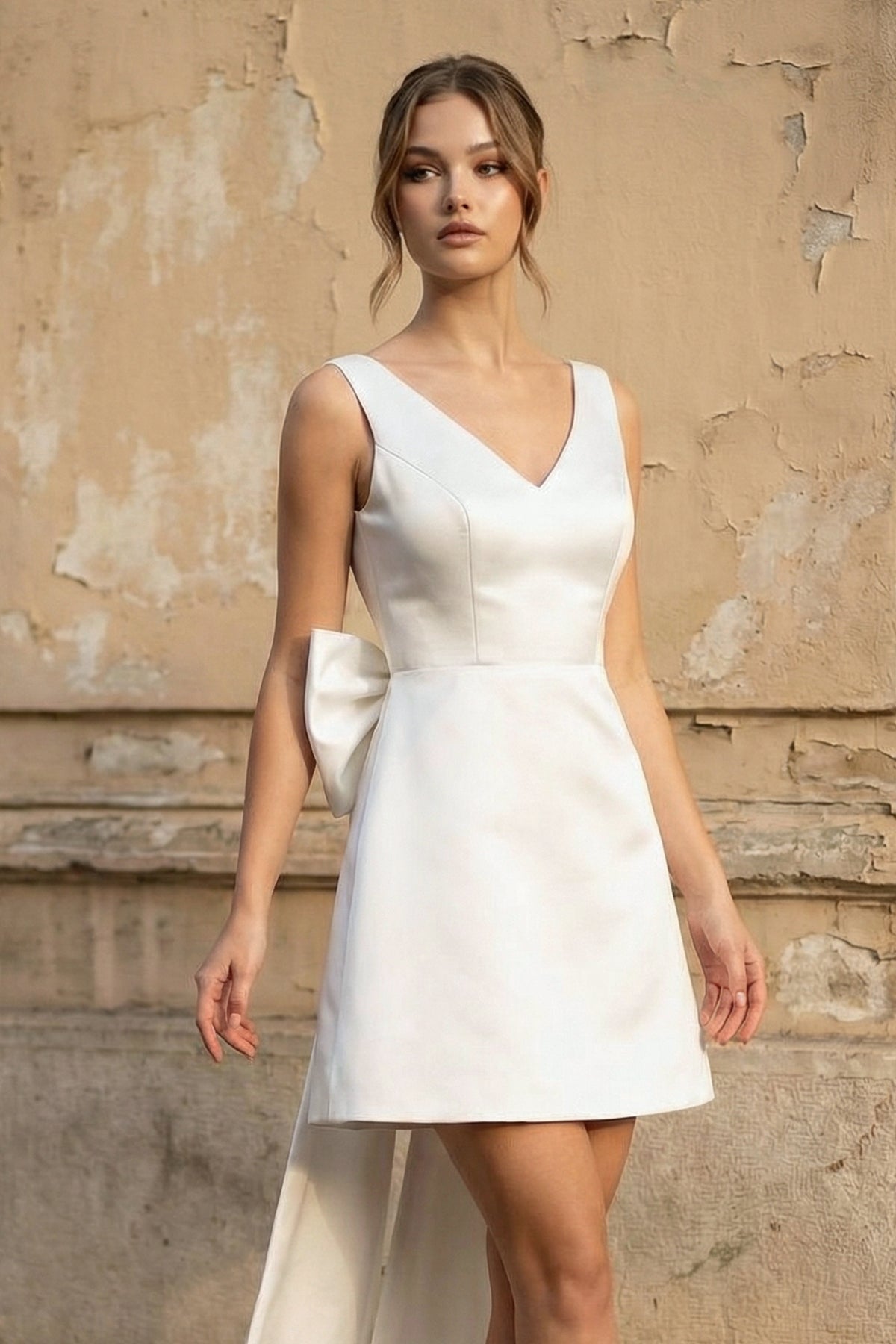 Robe de mariée blanche trapèze satinée col V sans manches avec nœud - Harana