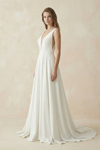 Robe de mariée blanche trapèze en satin à col V sans manches - Harana
