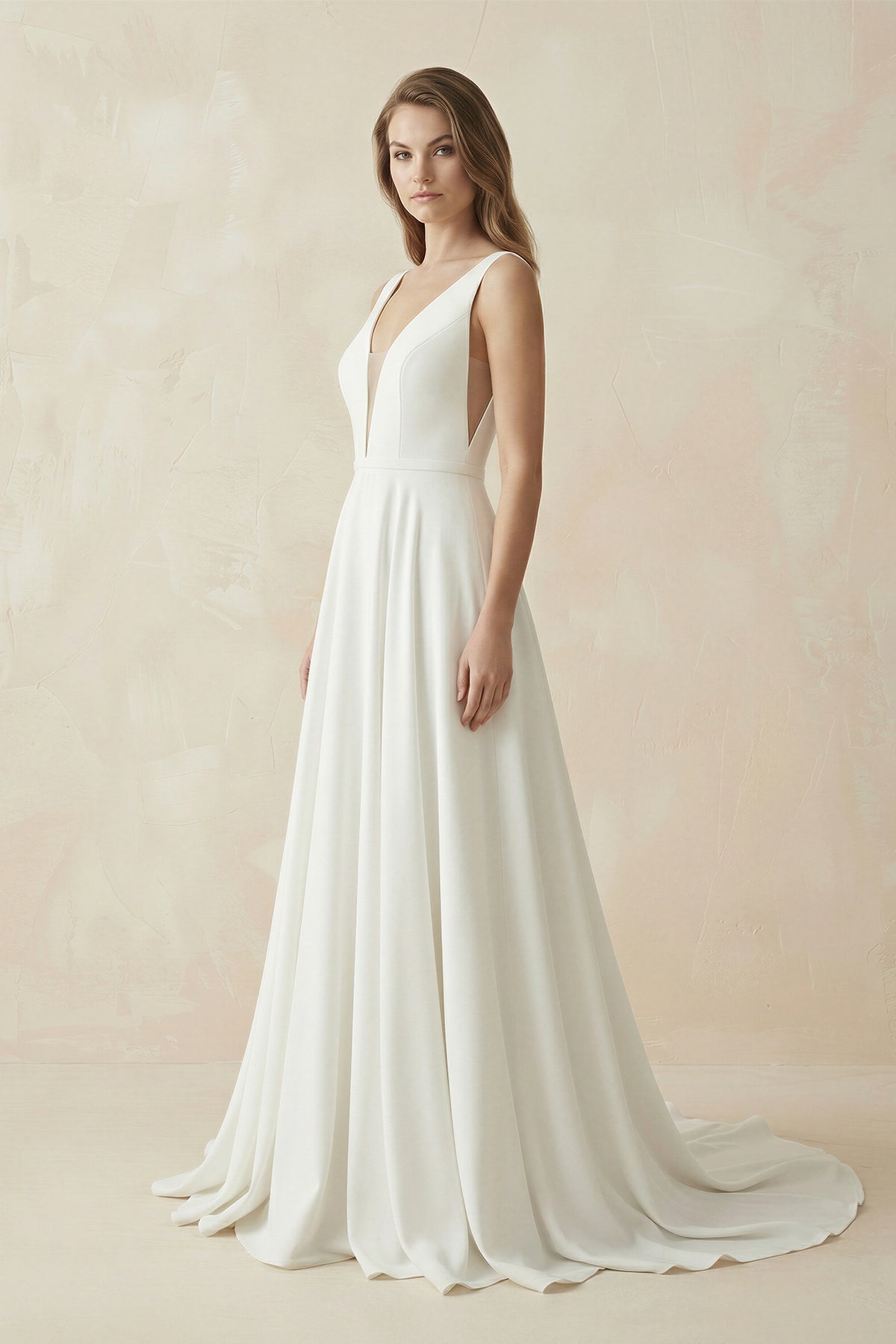 Robe de mariée blanche trapèze en satin à col V sans manches - Harana
