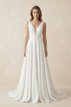 Robe de mariée blanche trapèze en satin à col V sans manches - Harana