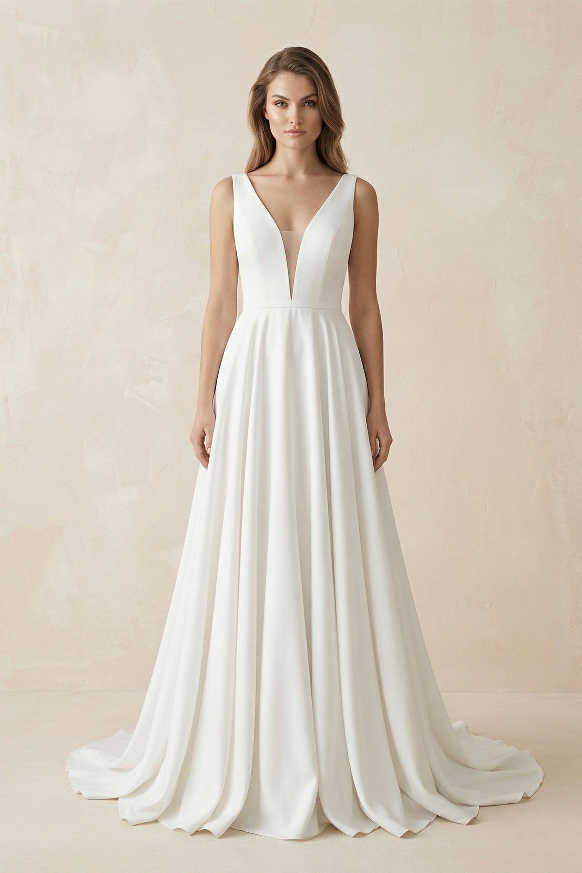 Robe de mariée blanche trapèze en satin à col V sans manches - Harana