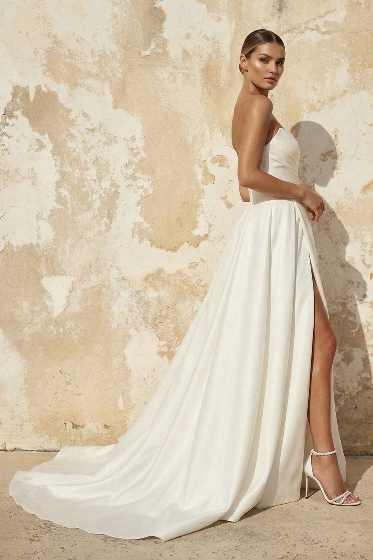 Robe de mariée blanche trapèze en satin bustier décolleté cœur - Harana