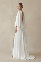 Robe de mariée ivoire trapèze en satin à col V avec fente - Harana