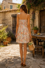 Robe orange courte en coton coupe trapèze à encolure arrondie imprimée - Harana