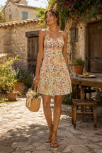 Robe orange courte en coton coupe trapèze à encolure arrondie imprimée - Harana