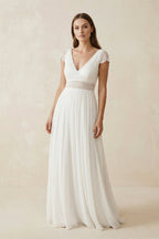 Robe de mariée ivoire trapèze dentelle col V dos nu manches courtes - Harana