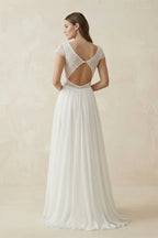 Robe de mariée ivoire trapèze dentelle col V dos nu manches courtes - Harana