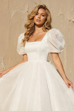 Robe de mariée blanche trapèze en dentelle manches courtes col carré - Harana