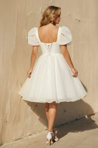 Robe de mariée blanche trapèze en dentelle manches courtes col carré - Harana