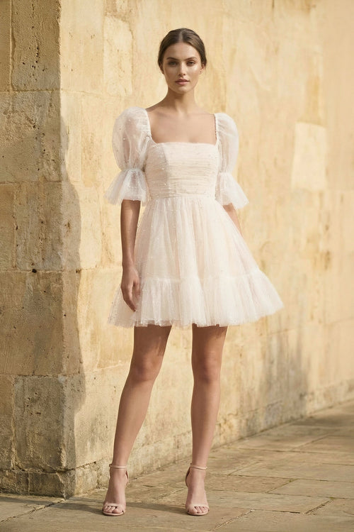 Robe de mariée blanche et nude trapèze en tulle manches courtes col - Harana